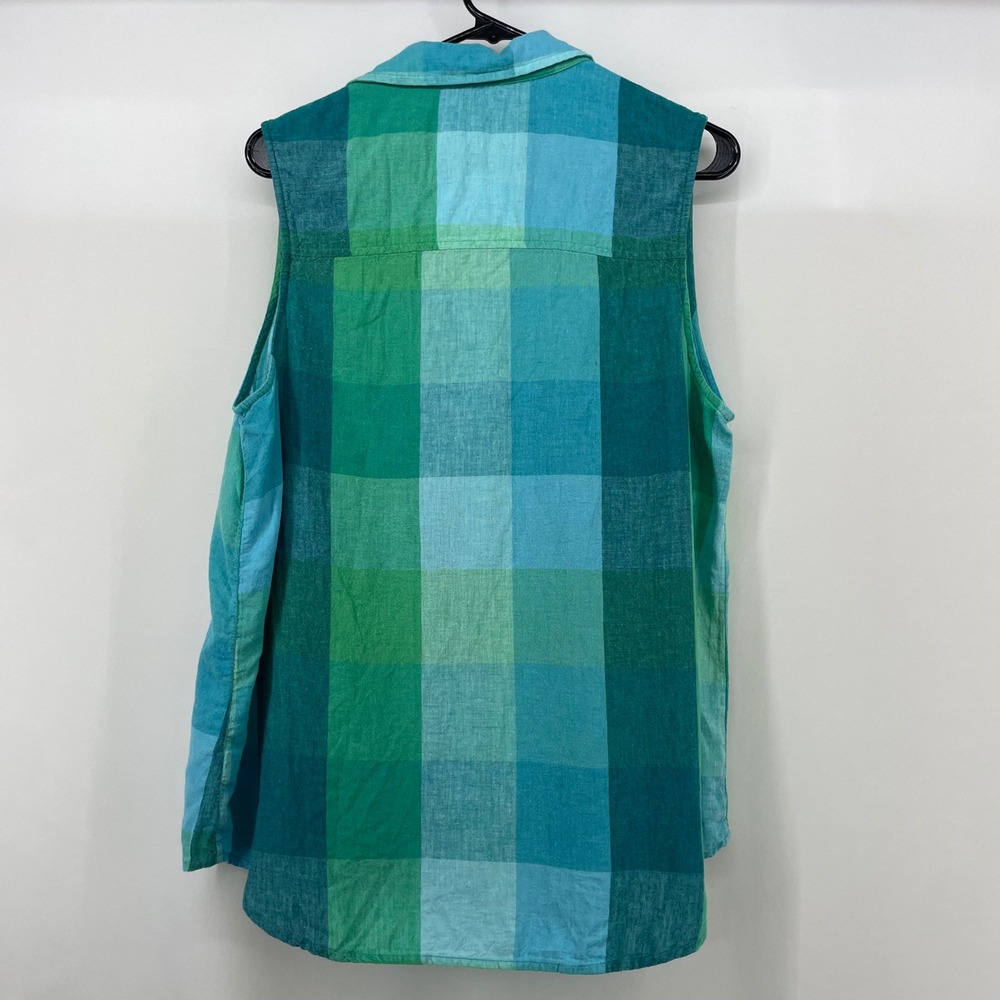 Time and Tru Size L Sleeveless Button Down Shirt Green Teal Plaid‎ Linen Blend - Picture 5 of 6